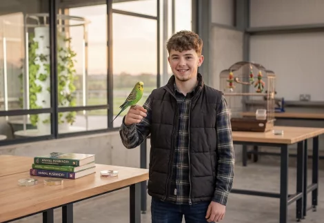 Jongeman poseert met zijn parkiet op de hand